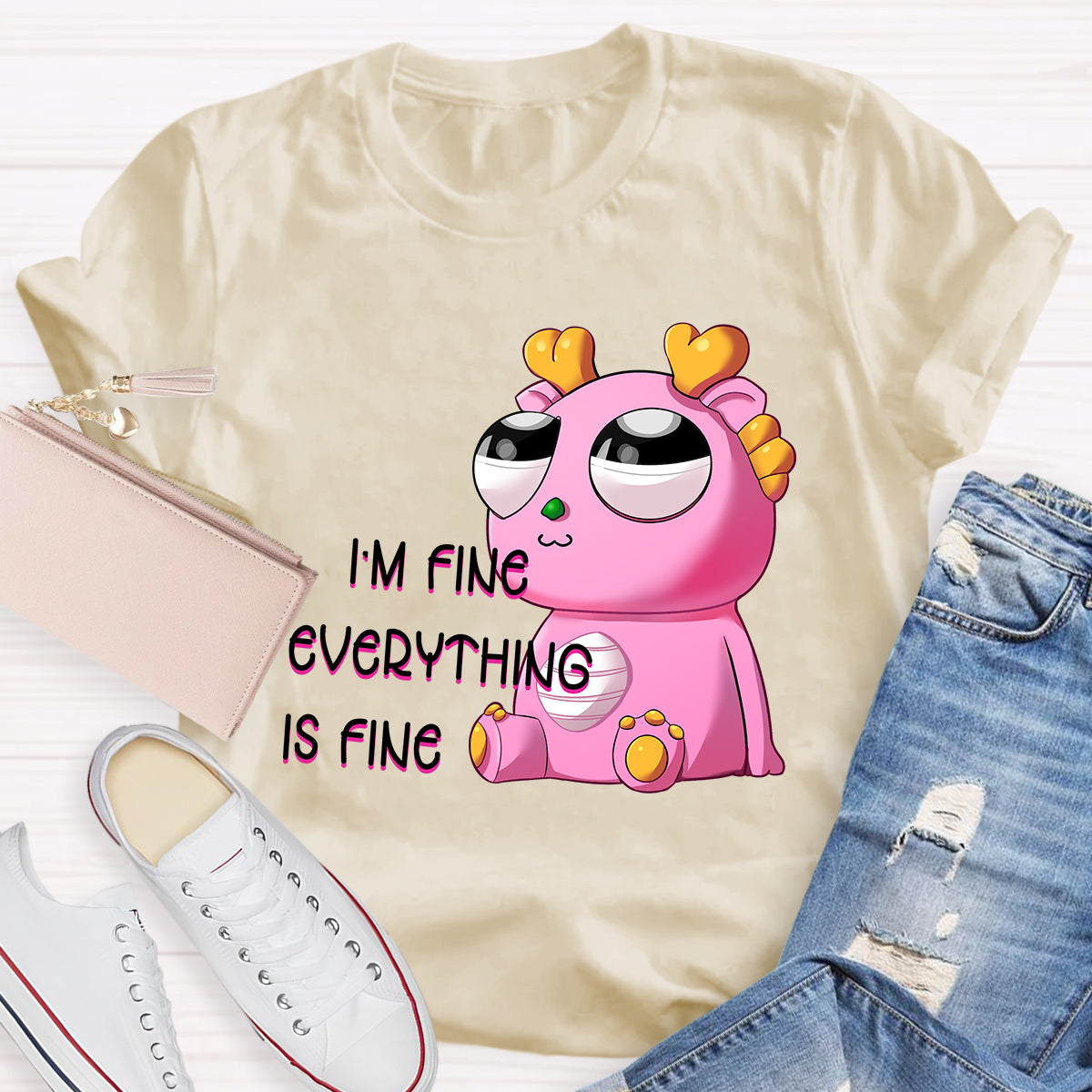 I'm Fine Everything is Fine  Pink Big Eyes Dragon T-Shirt