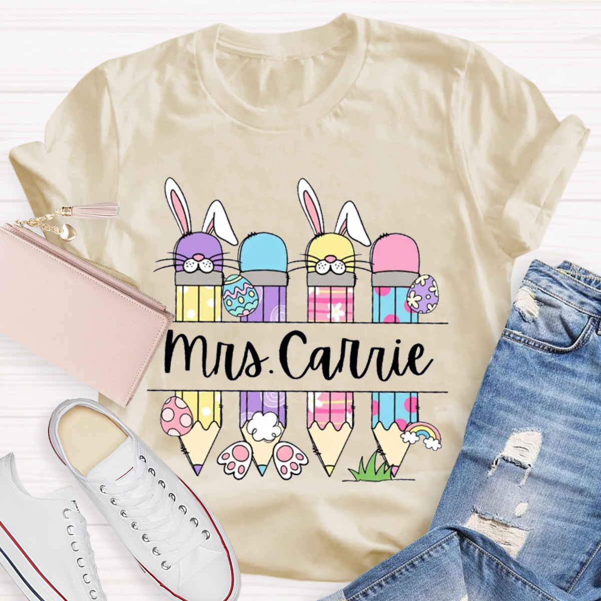 Personalized Name Bunny Teacher T-Shirt