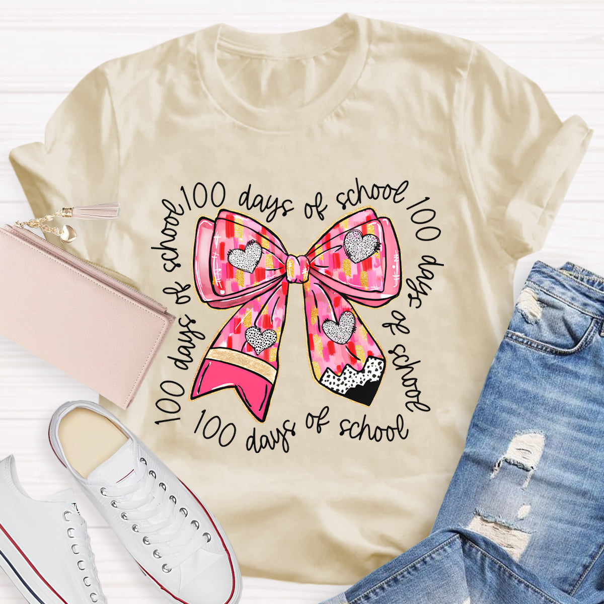 100 Days Of School Teacher Pink Bow T-Shirt