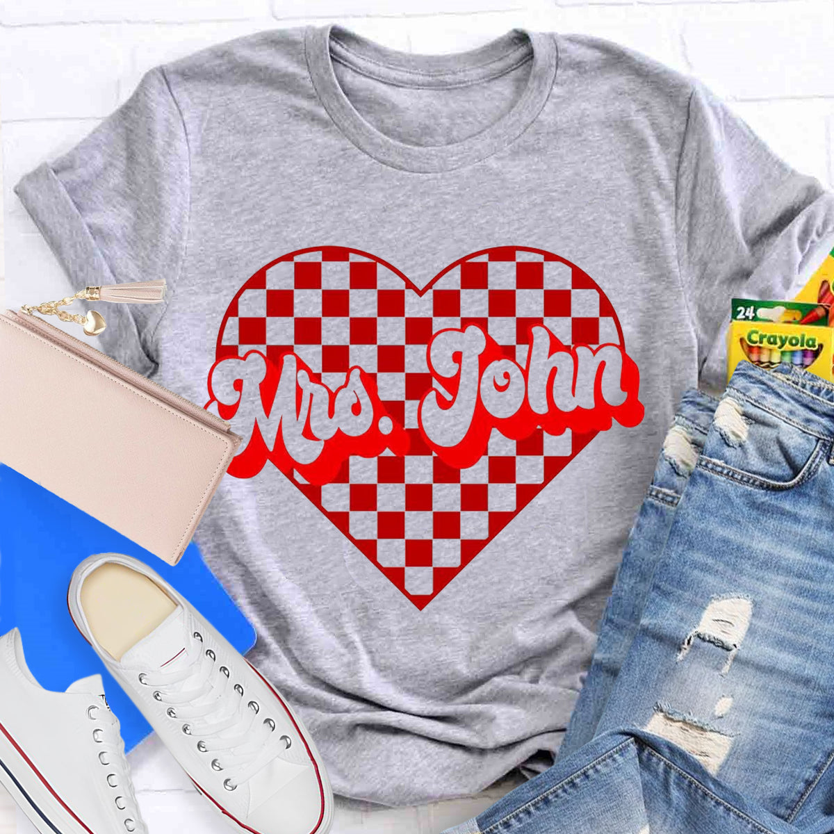 Personalized Name Heart Mrs John Teacher T-Shirt