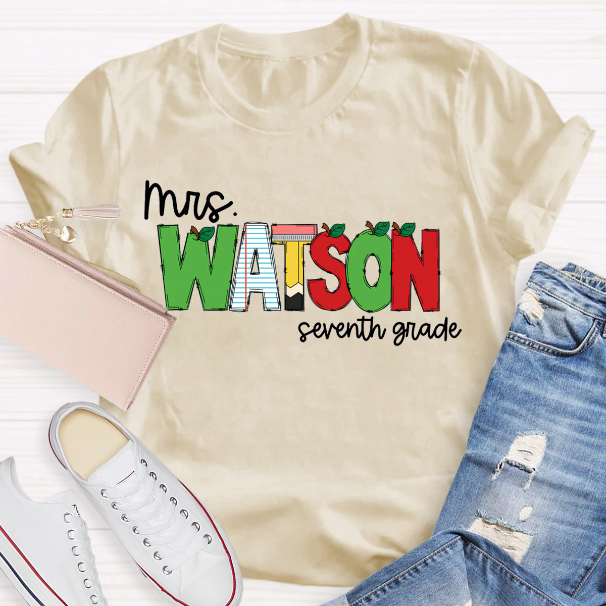 Personalized Name And Grade Green Red Color Block Teacher T-Shirt