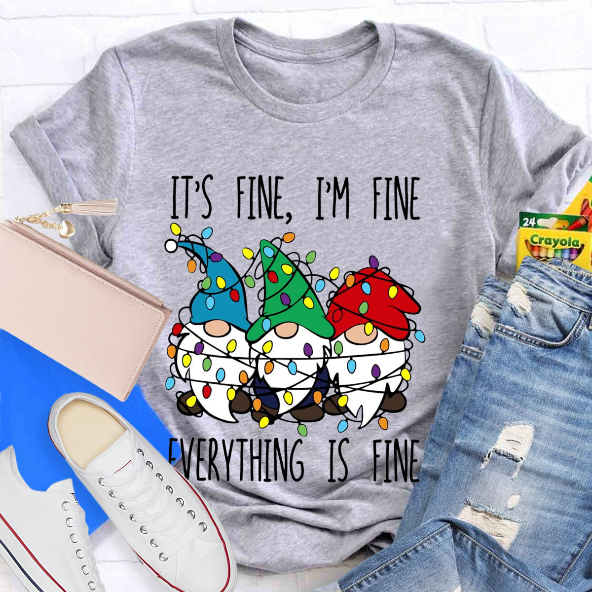 It's Fine I'M Fine Everything Is Fine Three Gnomes Christmas T-Shirt