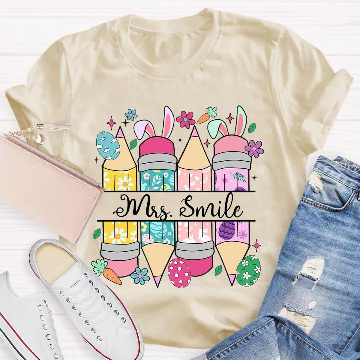 Personalized Name Easter Bunny Pencil Teacher T-Shirt