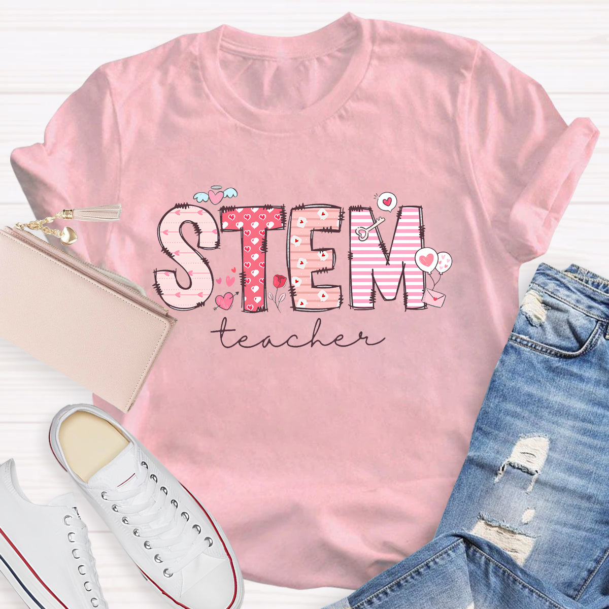 STEM Teacher Pink Heart Printed T-Shirt