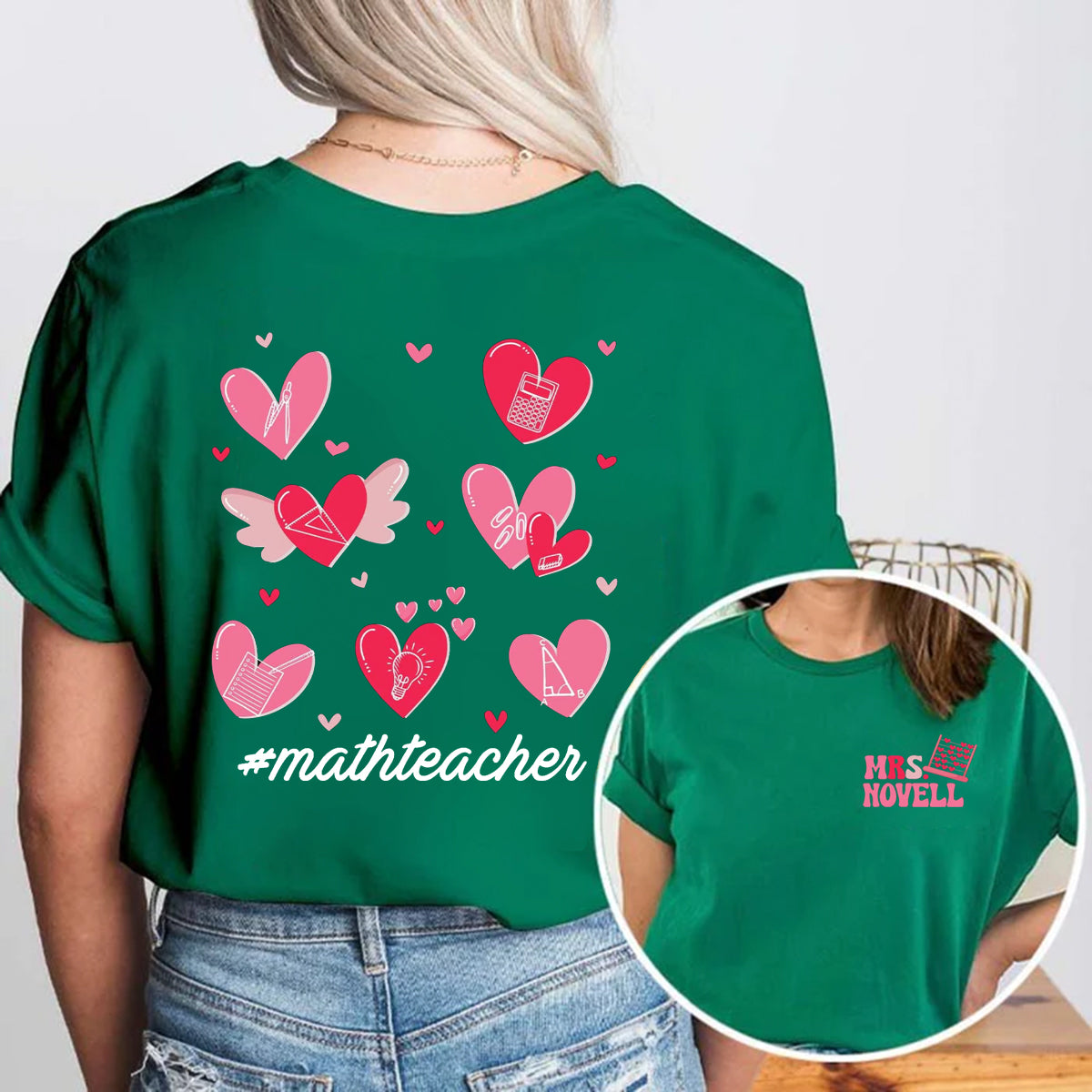 Personalized Name And Subject Pink Heart Double Printed T-shirt