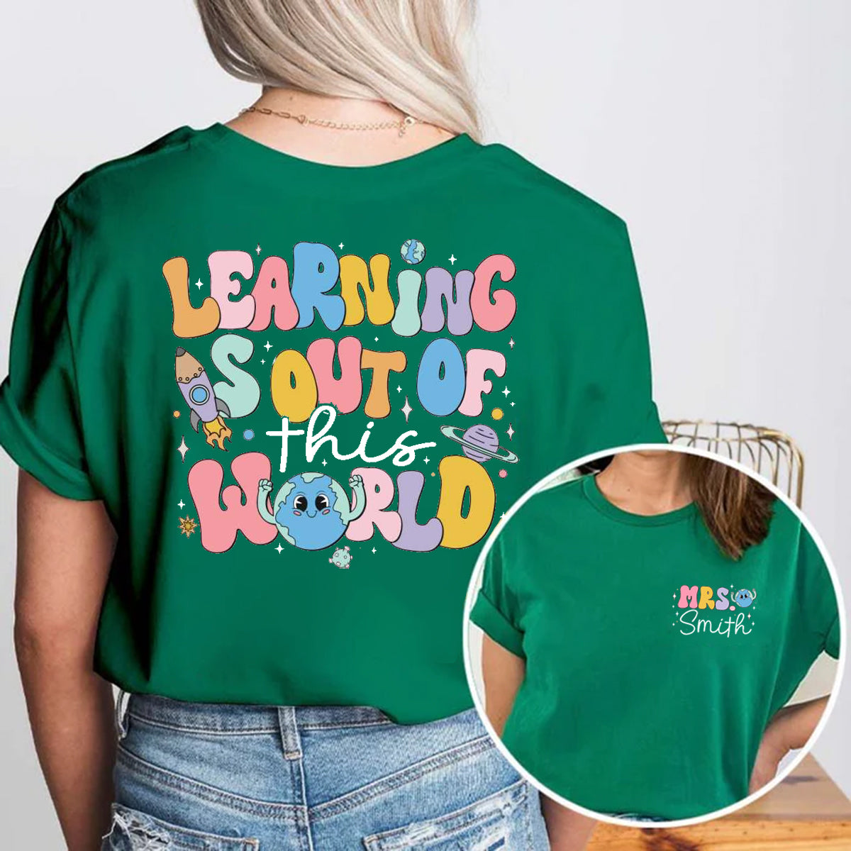 Personalized Name Learning Is Out Of This World Double Printed T-shirt