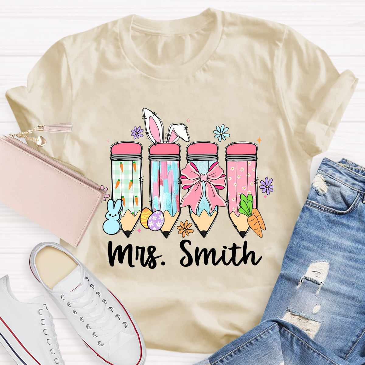 Personalized Name Easter Bunny Carrot Teacher T-Shirt