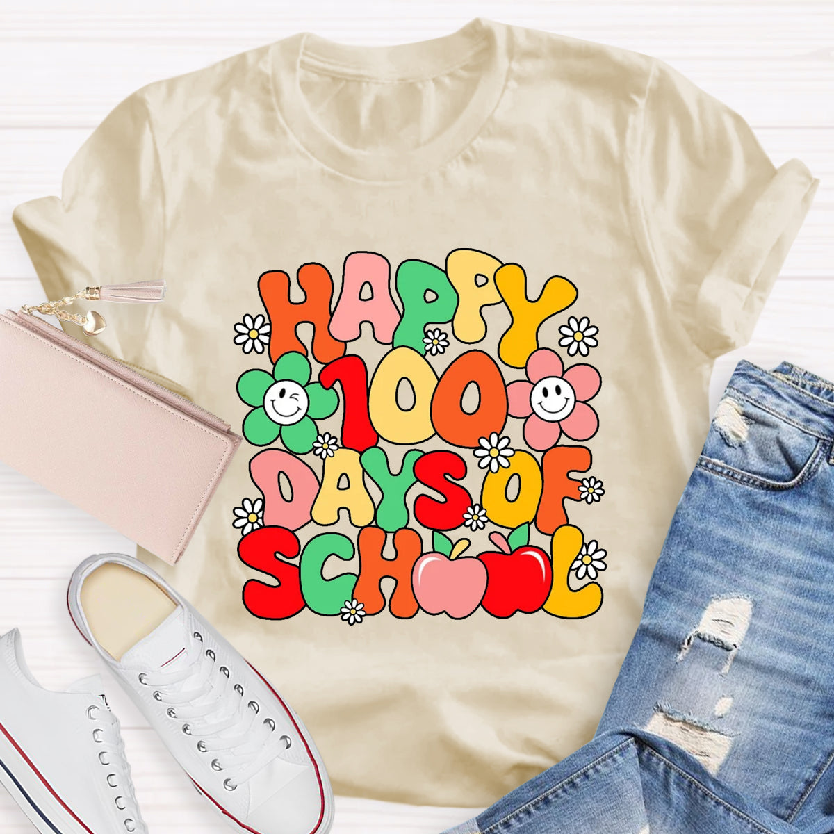 Happy 100 Days Of School Flower Apple T-Shirt