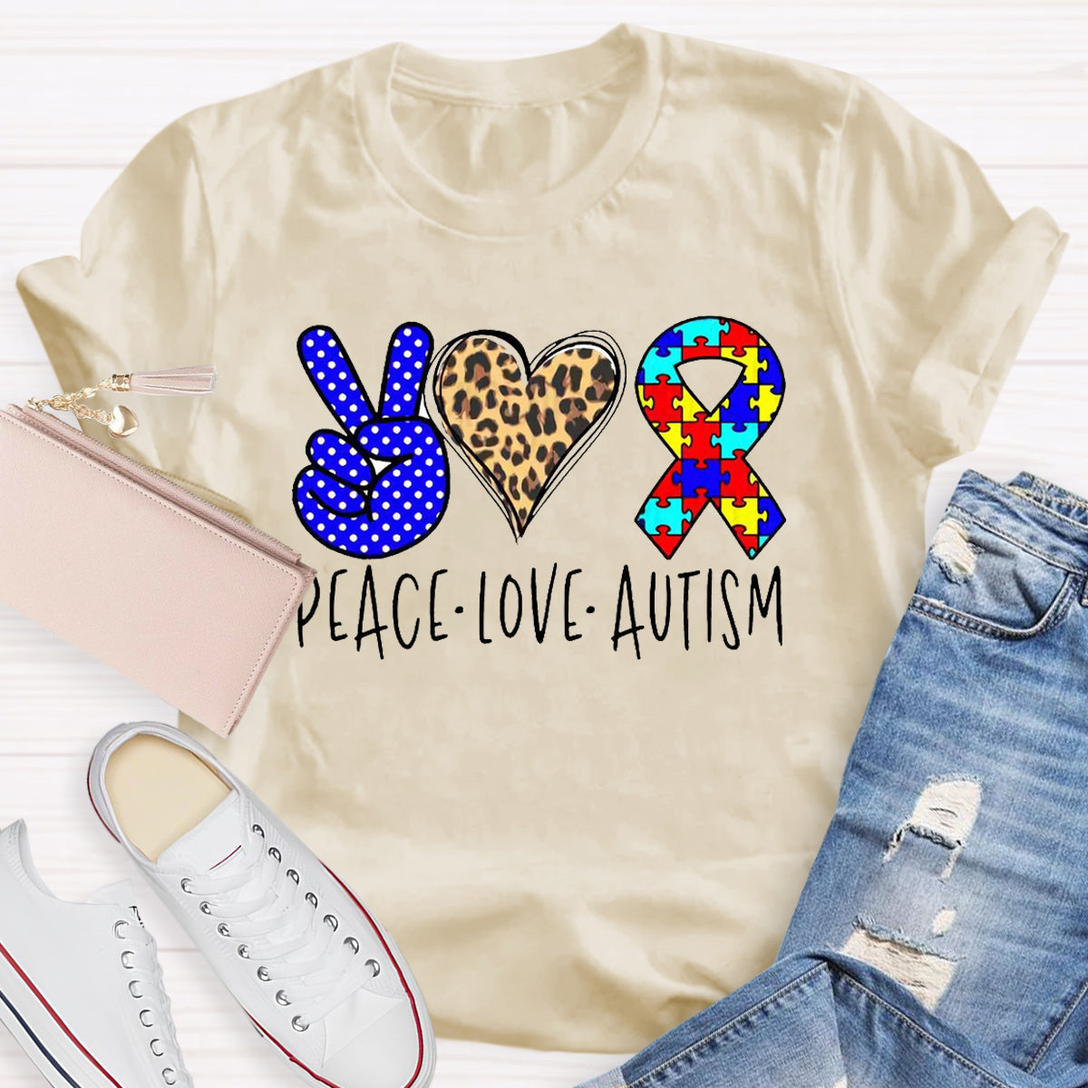 Peace love Autism Leopard Heart T-Shirt