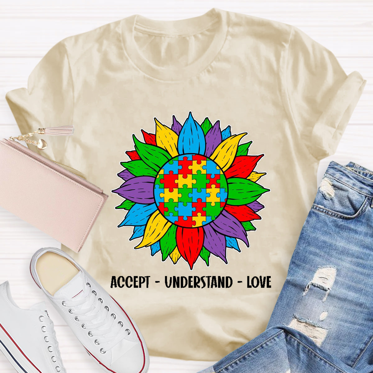 Accept Understand Love Colorful Sunflower Teacher T-Shirt