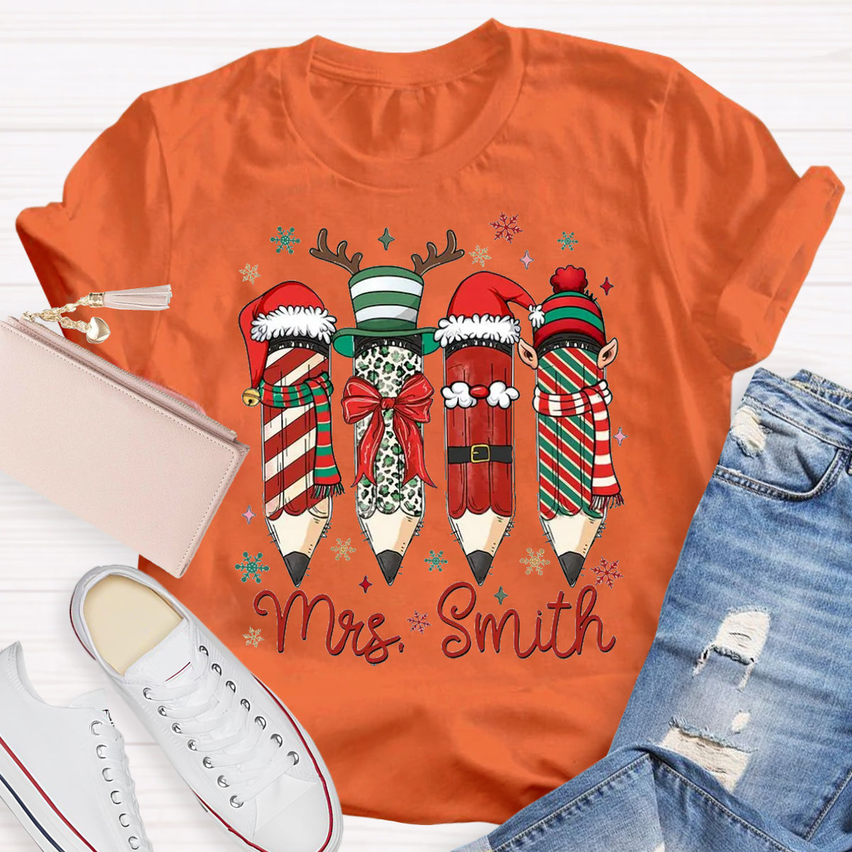 Personalized Name Cute Christmas Pencil Teacher T-Shirt