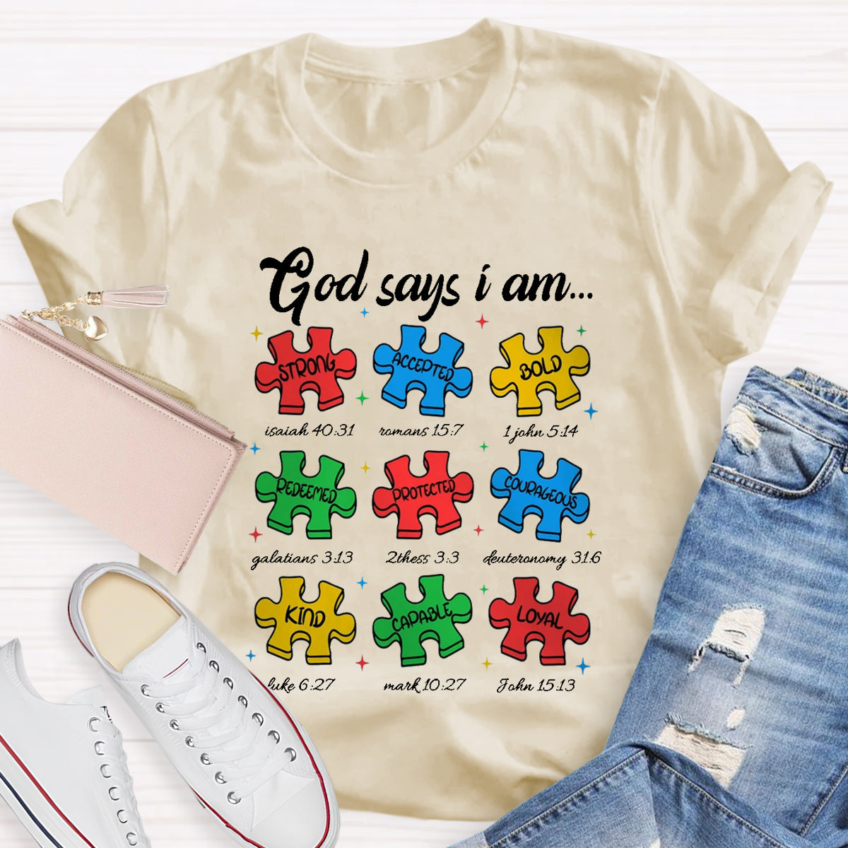 God Says I am Strong Puzzle Pieces Autism T-Shirt