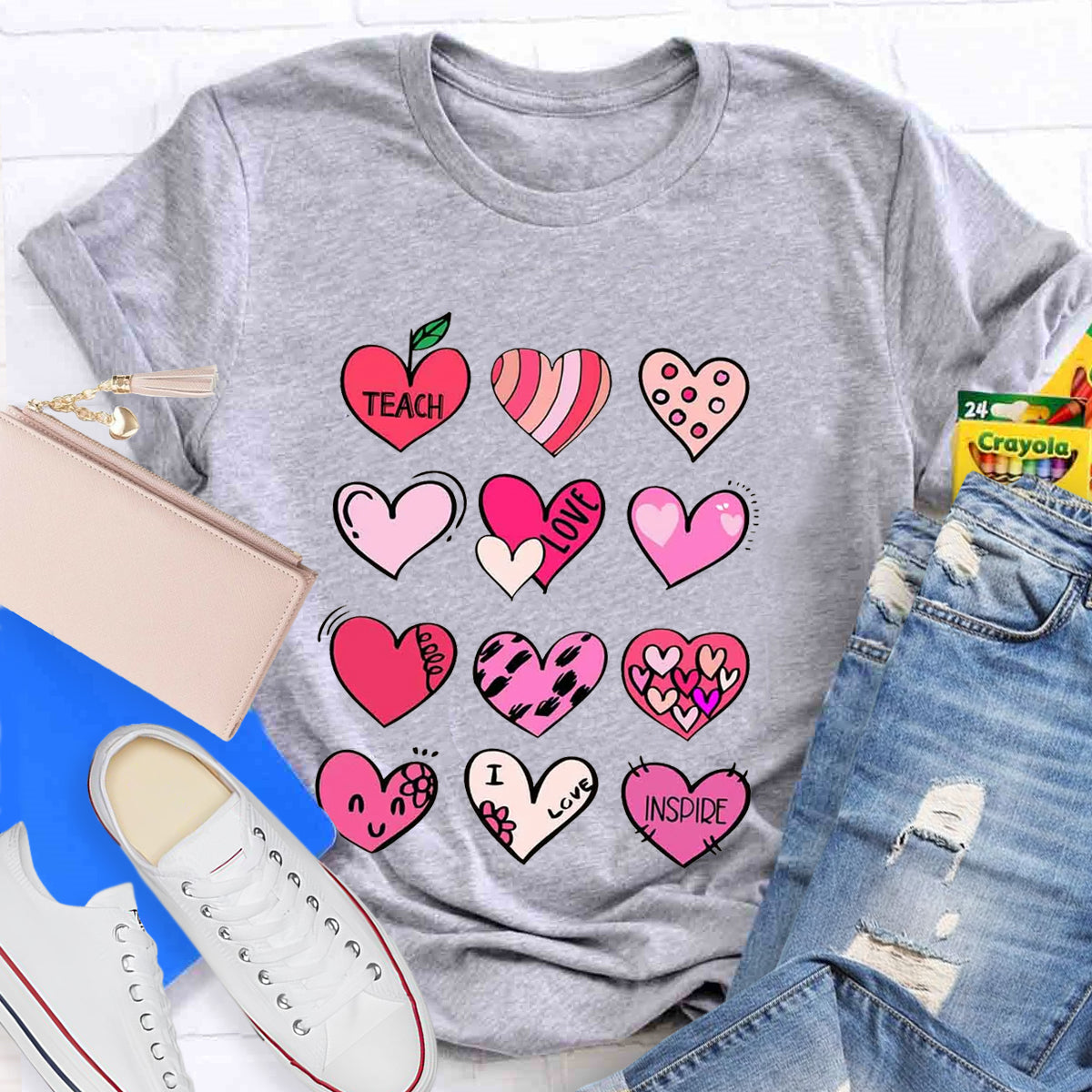 Cartoon Hearts Teach Love Inspire Teacher T-Shirt