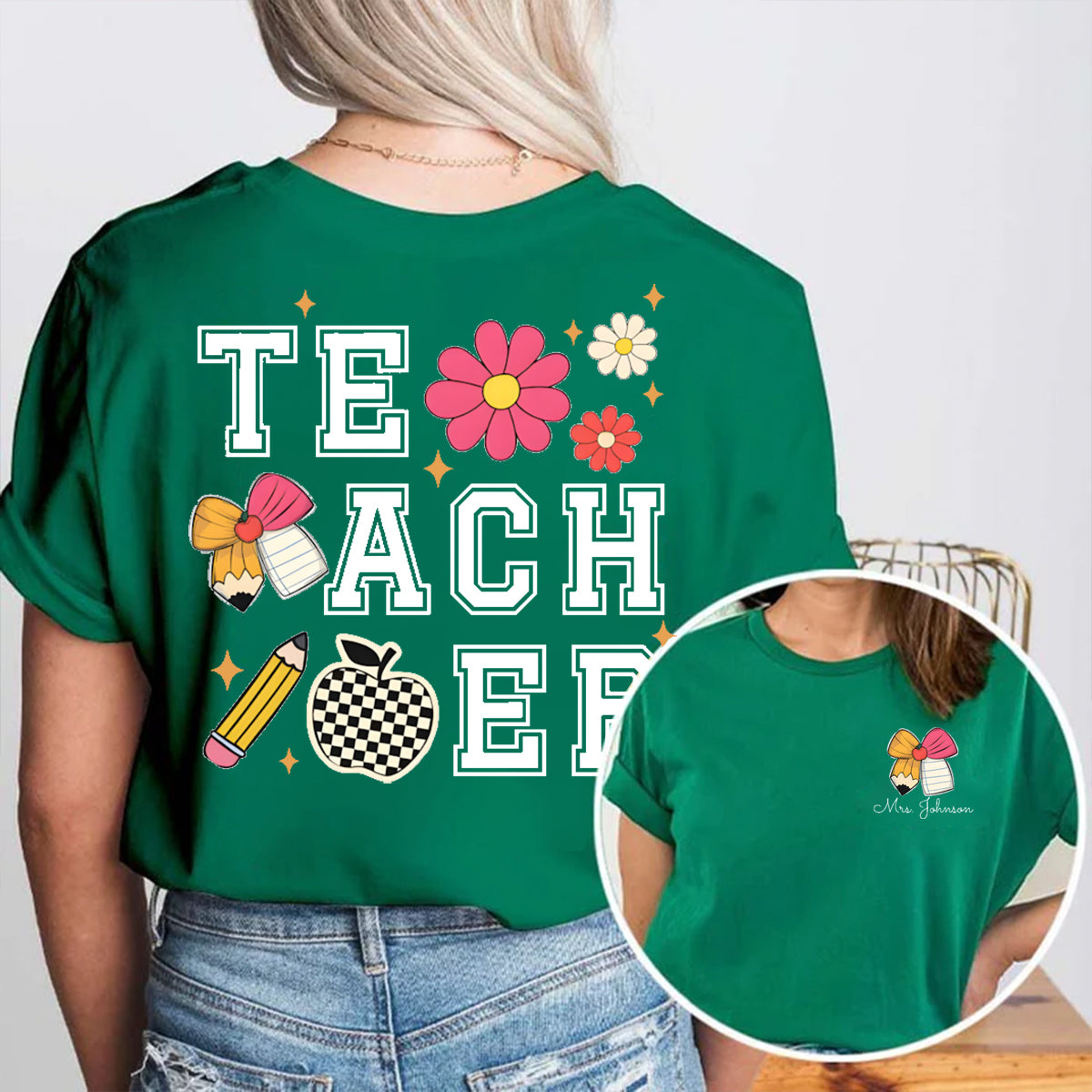 Personalized Name Pink Apple Bow Double Printed T-shirt