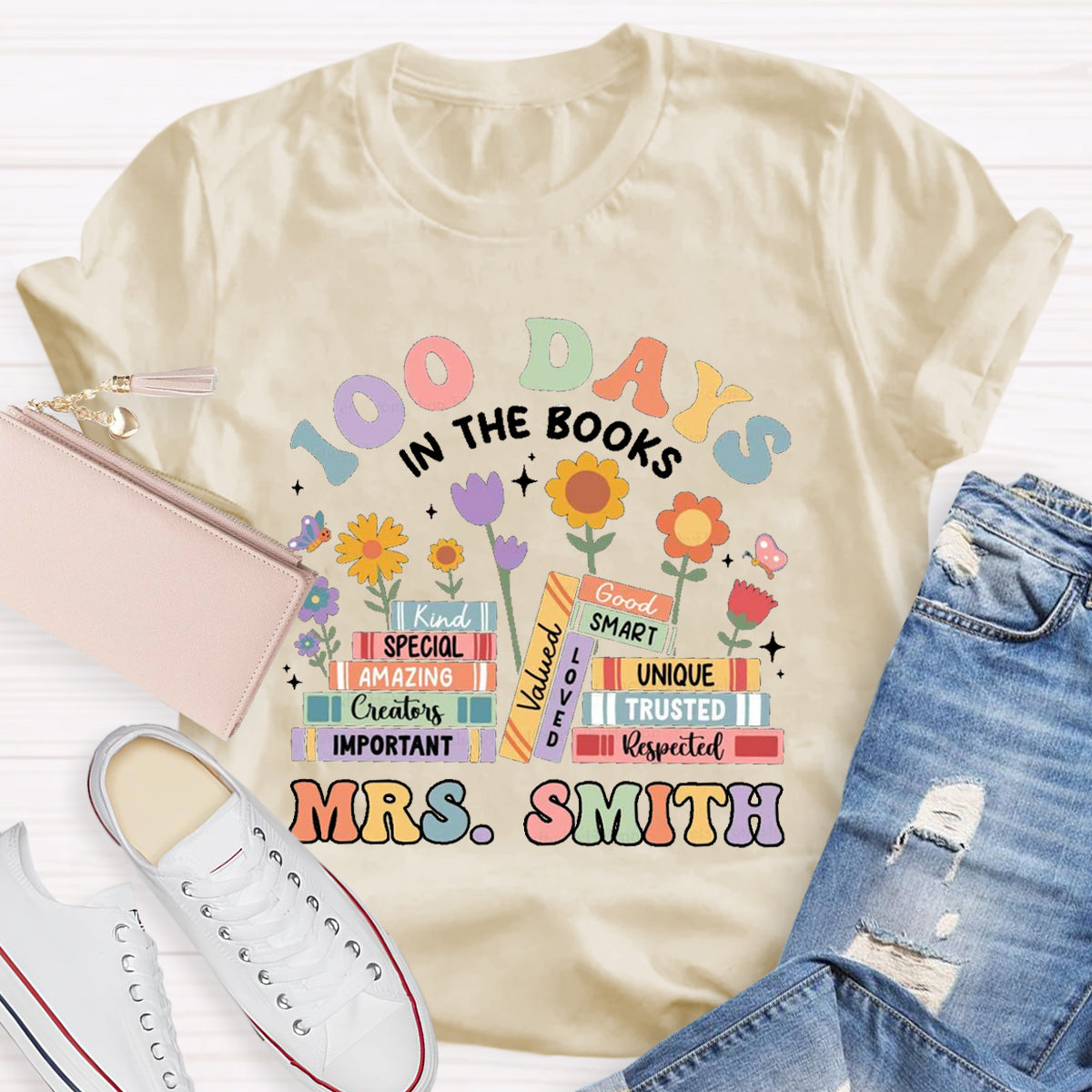 Personalized Name 100 Days In Books Teacher T-Shirt