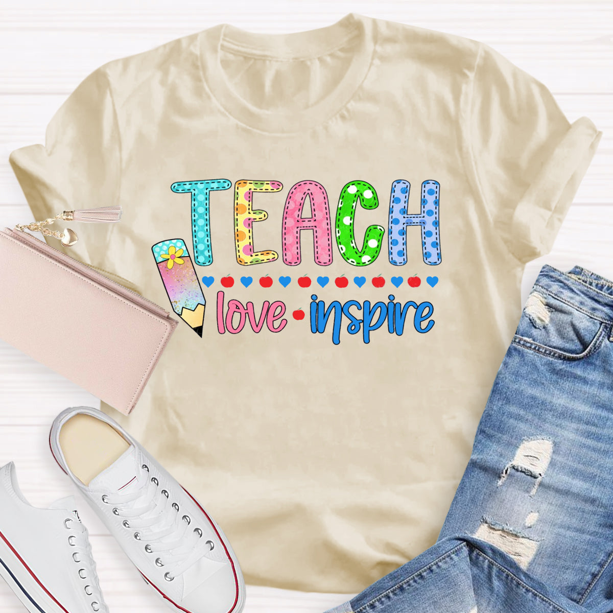 Teach Love Inspire Pencil Apple Printed T-Shirt