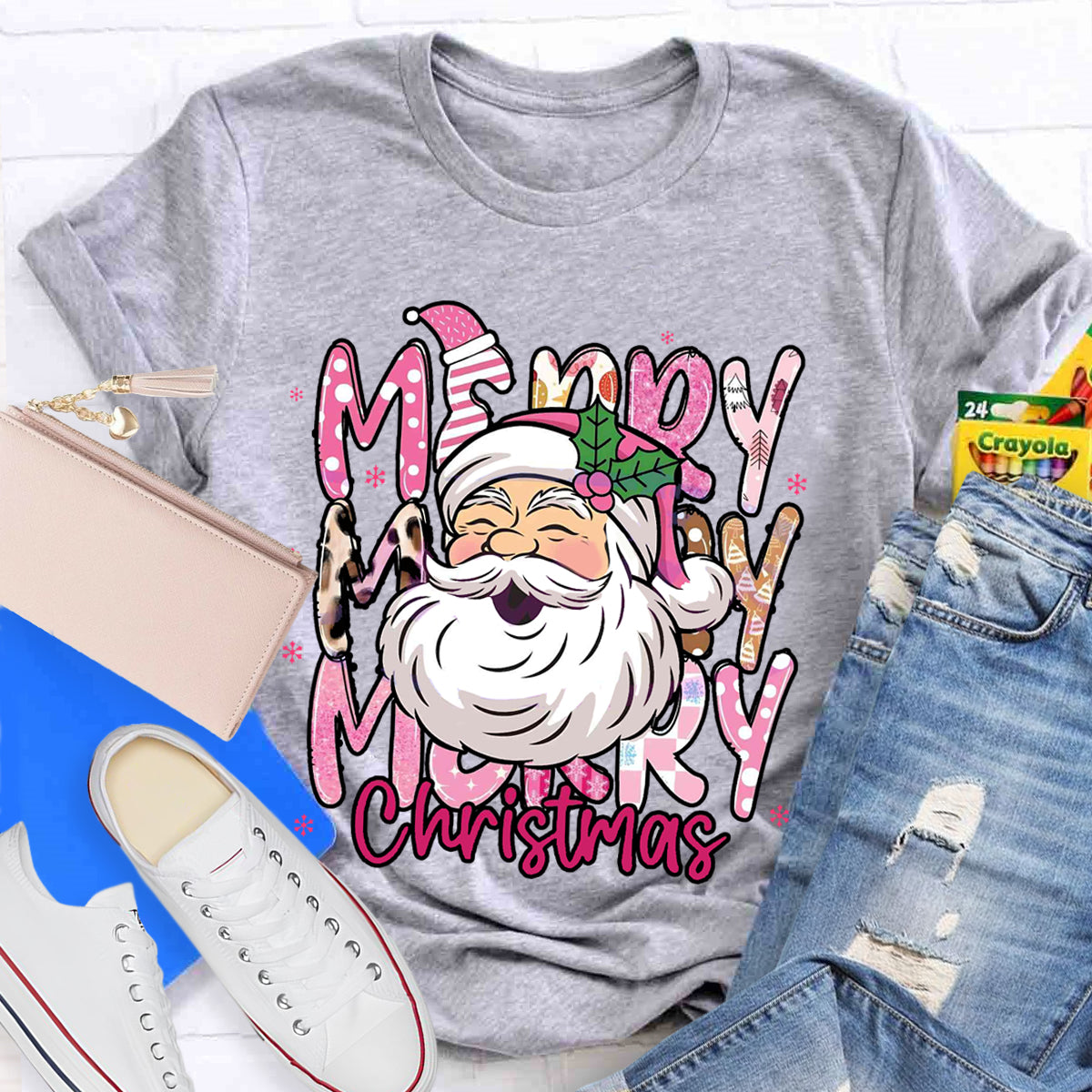 Pink Santa Claus Merry Christmas Teacher T-Shirt