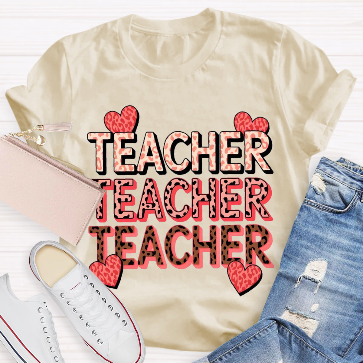 Pink Heart Valentine's Day Teacher T-Shirt