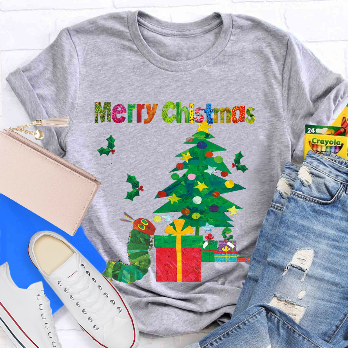 Merry Christmas Caterpillar Crawling Towards Christmas Tree T-Shirt