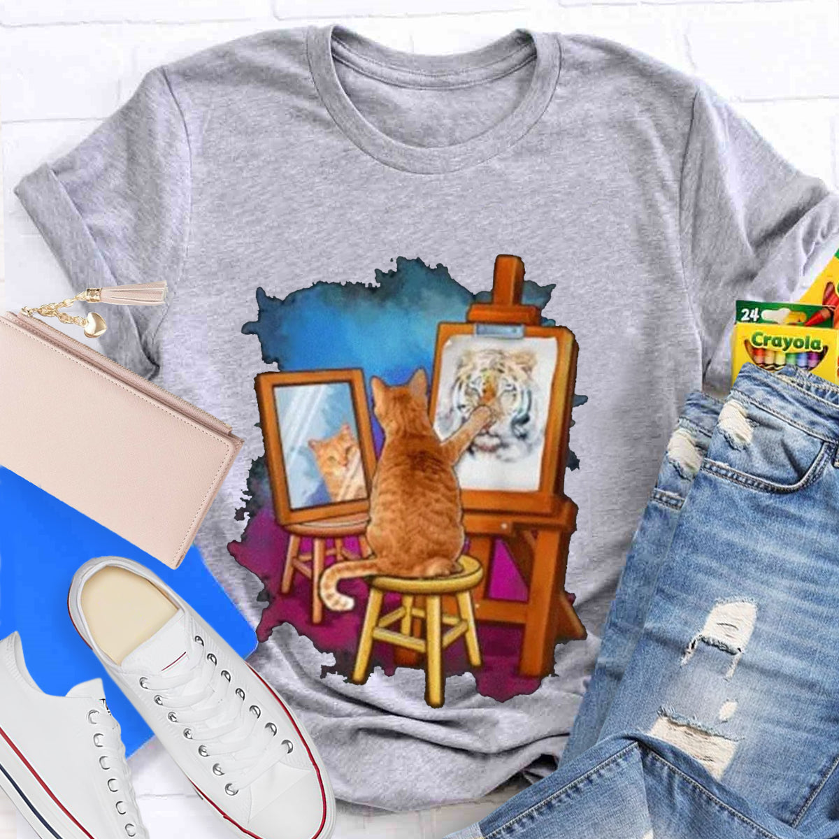 Funny Cat Painting Lion Teacher T-Shirt