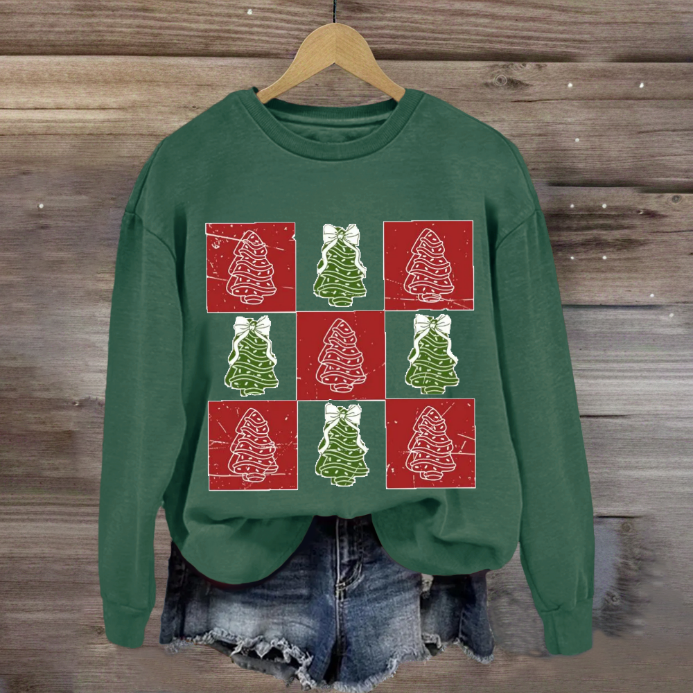 Retro Checkered Christmas Tree Cake Coquette Bow Sweatshirt