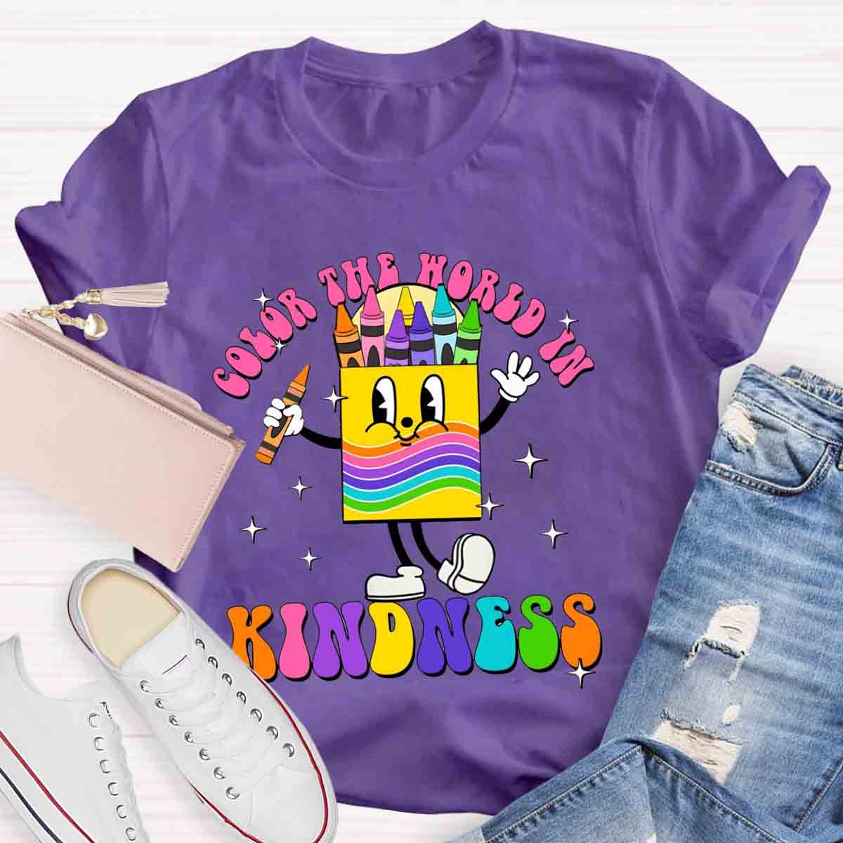 Color The World In Kindness Crayon Pencil Teacher T-Shirt