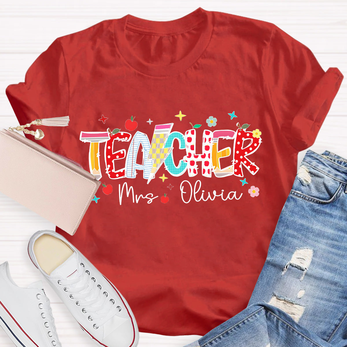 Personalized Name Star And Flower Teacher T-Shirt