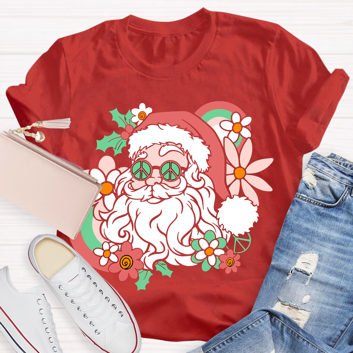 Hippie Santa Groovy Peace Christmas Teacher T-Shirt