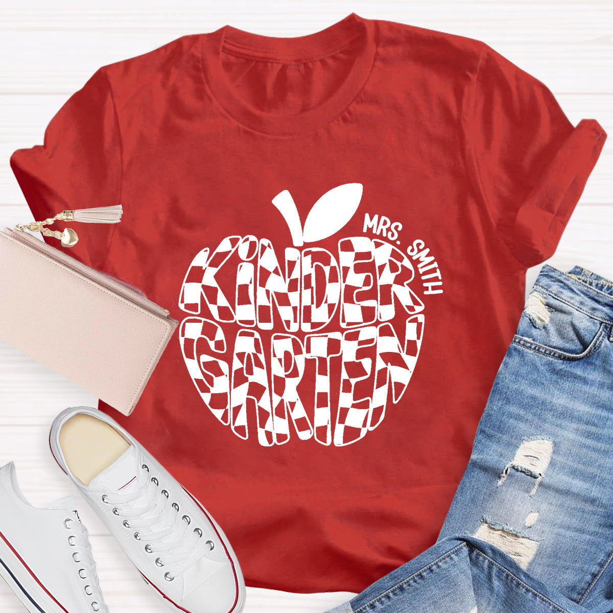 Personalized Name Kinder Garten Teacher Apple T-Shirt