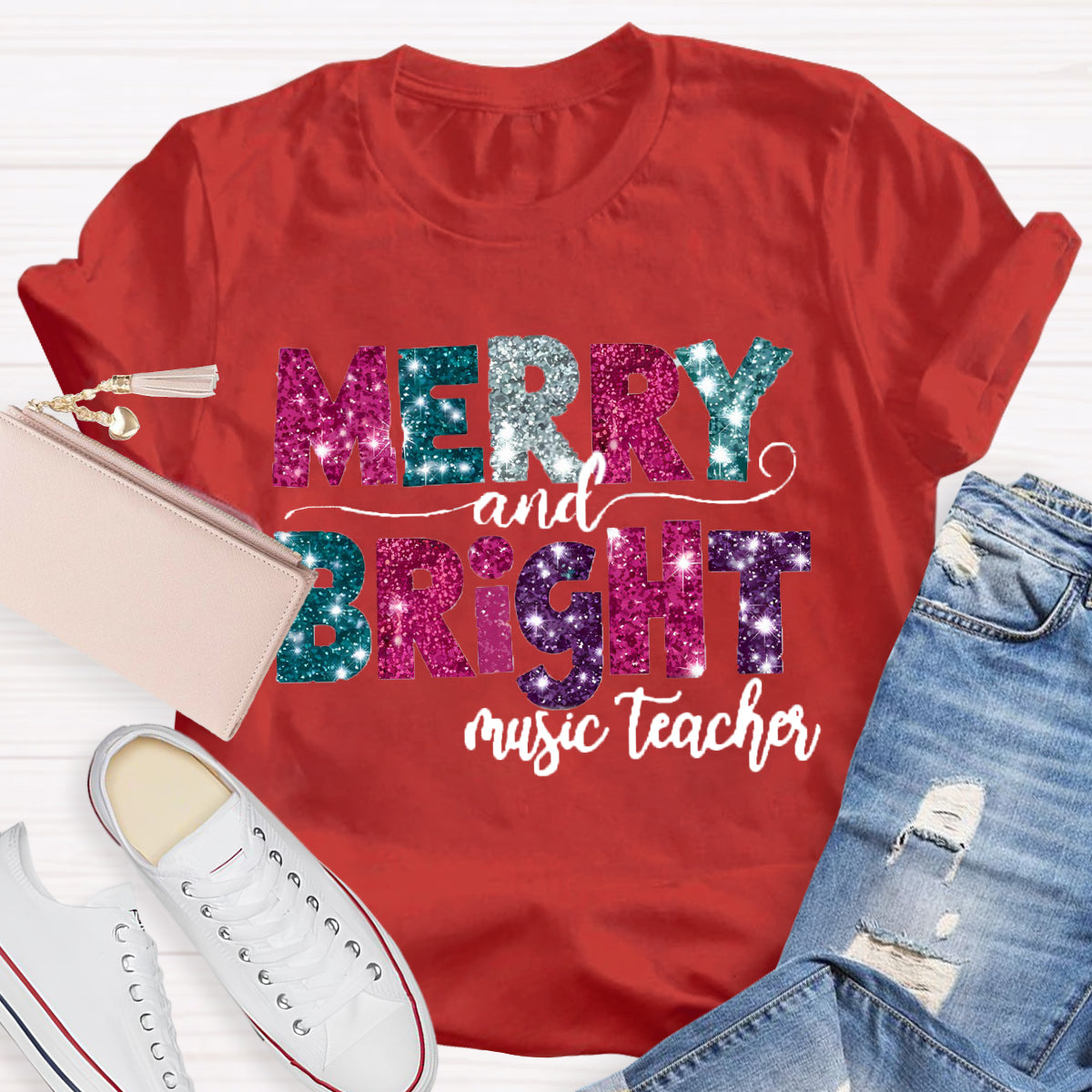 Personalized Subject Merry and Bright Teacher  T-Shirt