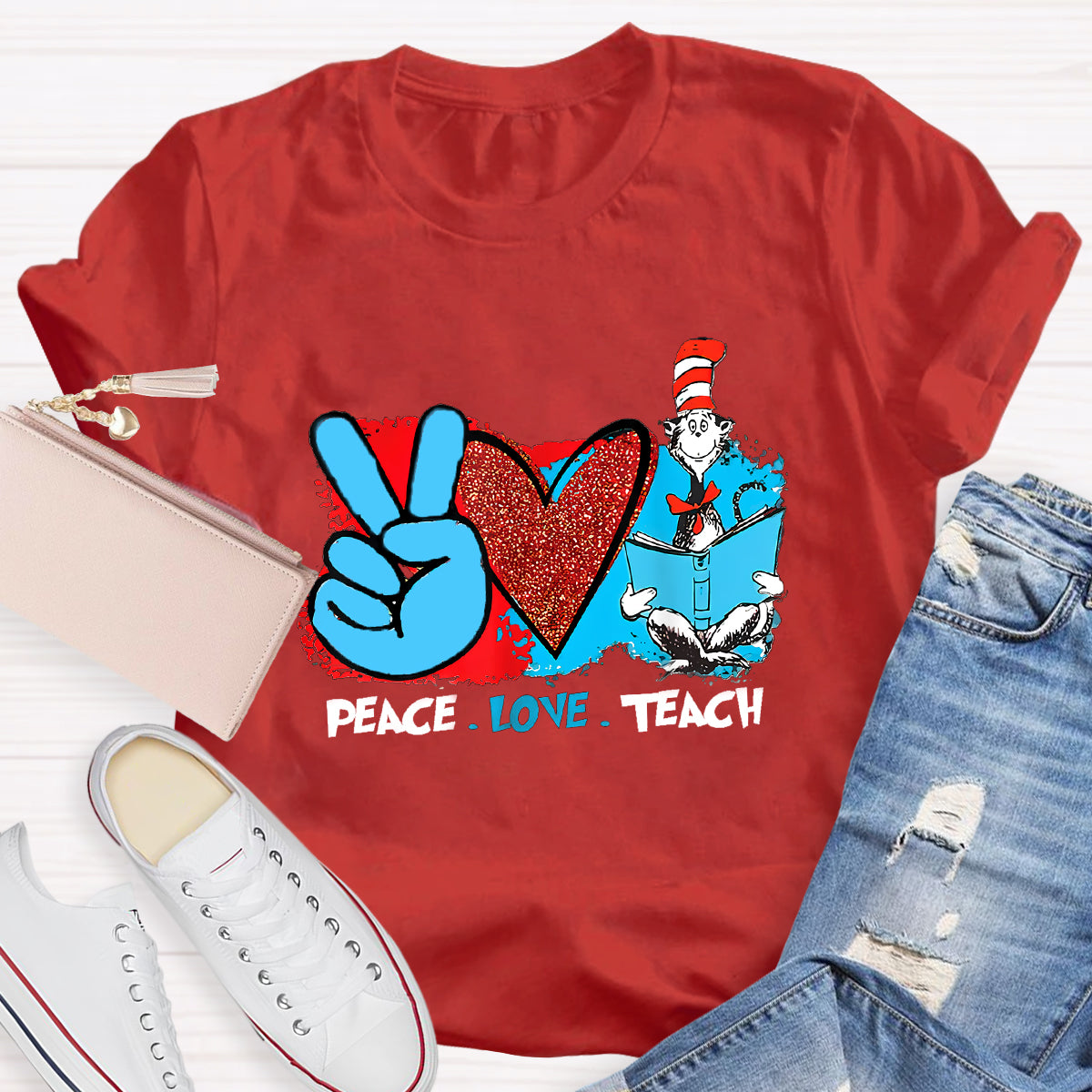 Peace Love Teach Children's Books T-Shirt