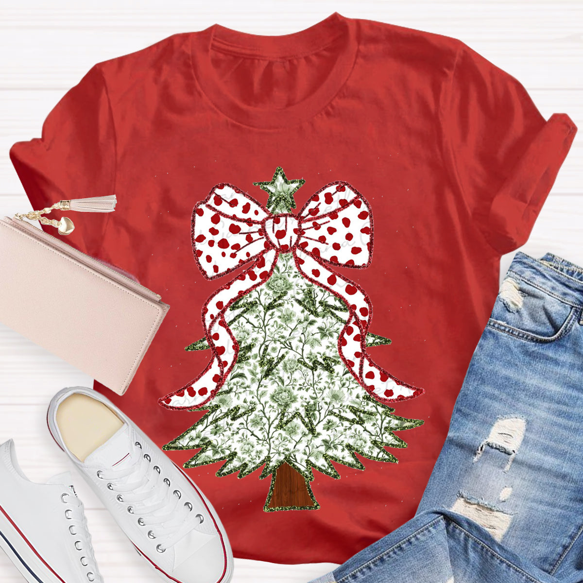 Red and Green Grandmillennial Coquette Gold Glitter Christmas Tree Teacher T-Shirt