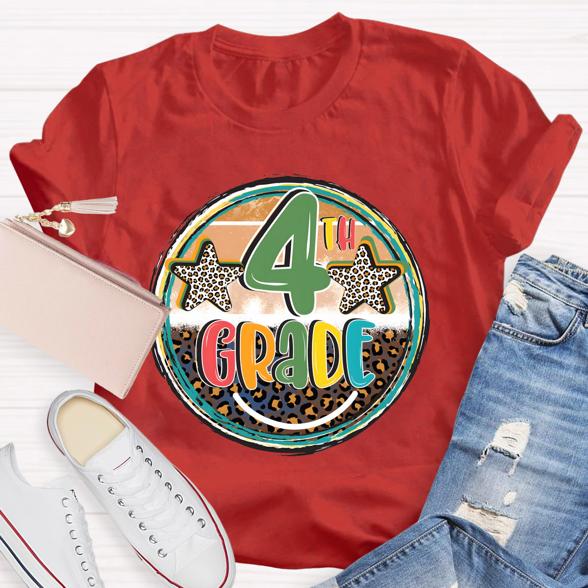 Personalized Grade Leopard Star 4th Grade Teacher T-Shirt