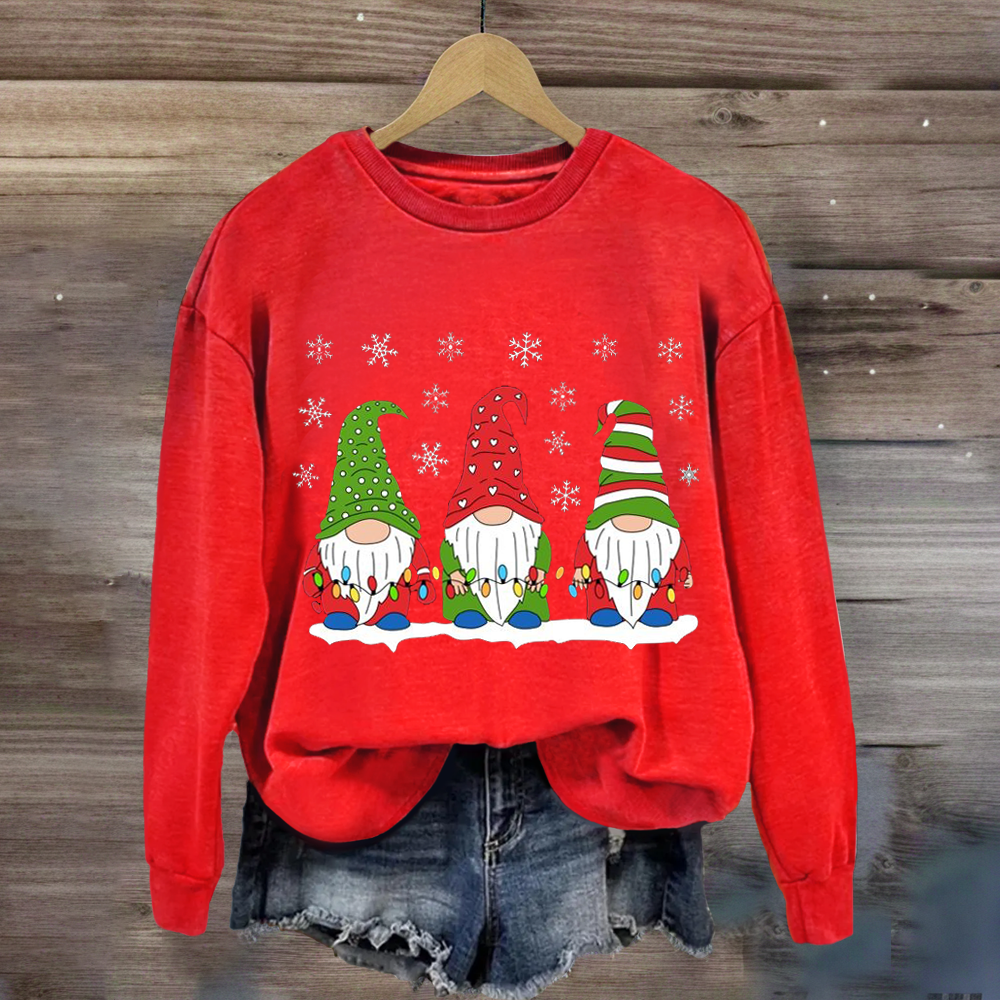 Three Gnomes with tree lights Mounted Print Teacher Sweatshirt