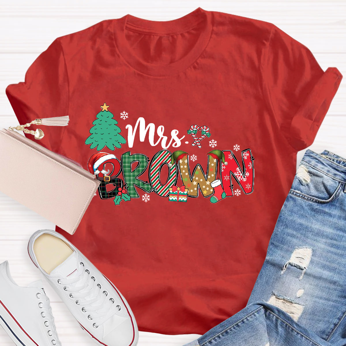 Personalized Name Christmas Tree Teacher T-Shirt