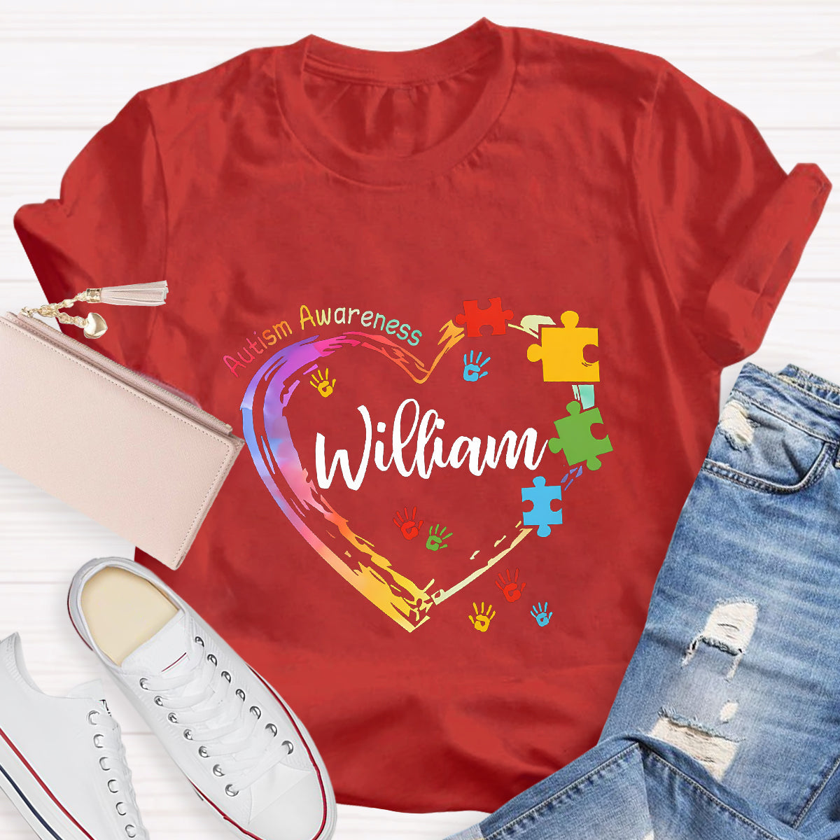 Personalized Name Autism Colorful Heart Teacher T-Shirt