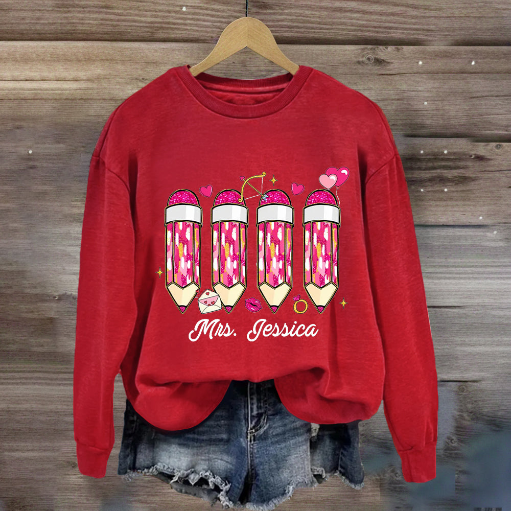 Personalized Name Pink Pencil Teacher Sweatshirt