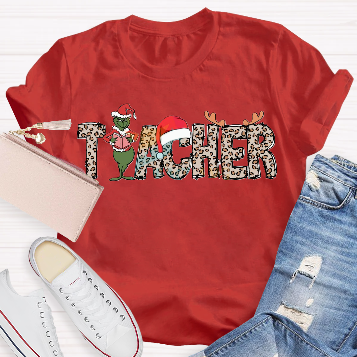 Christmas Leopard Teacher Grinch T-Shirt