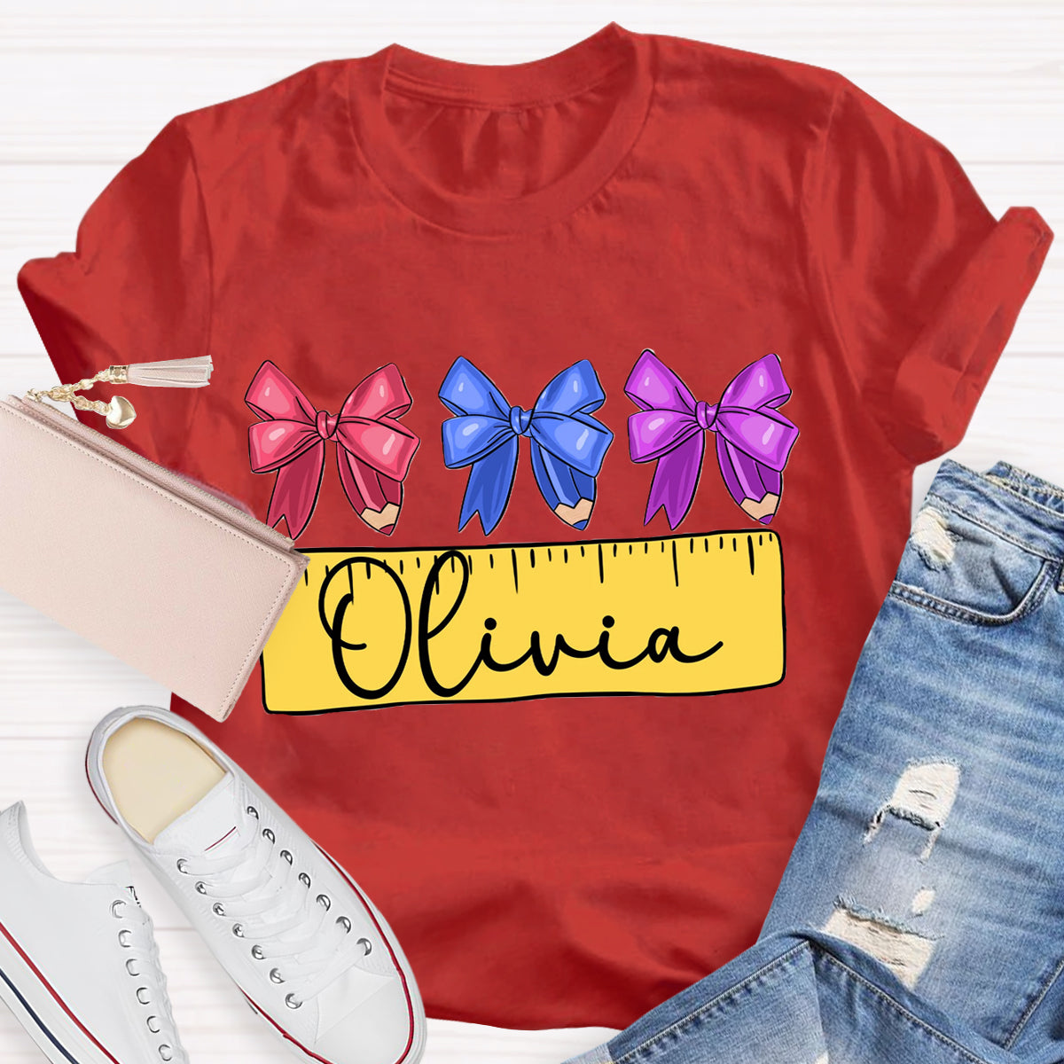 Personalized Name Bow Ruler Print Teacher T-Shirt