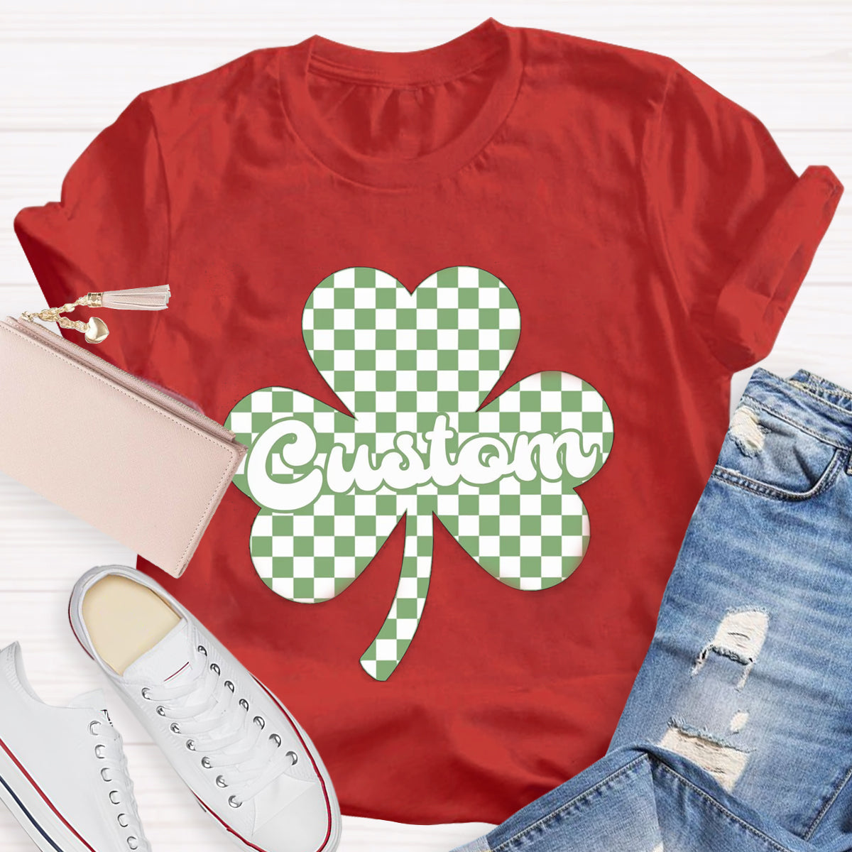 Personalized Name Checkered Clover Teacher T-Shirt