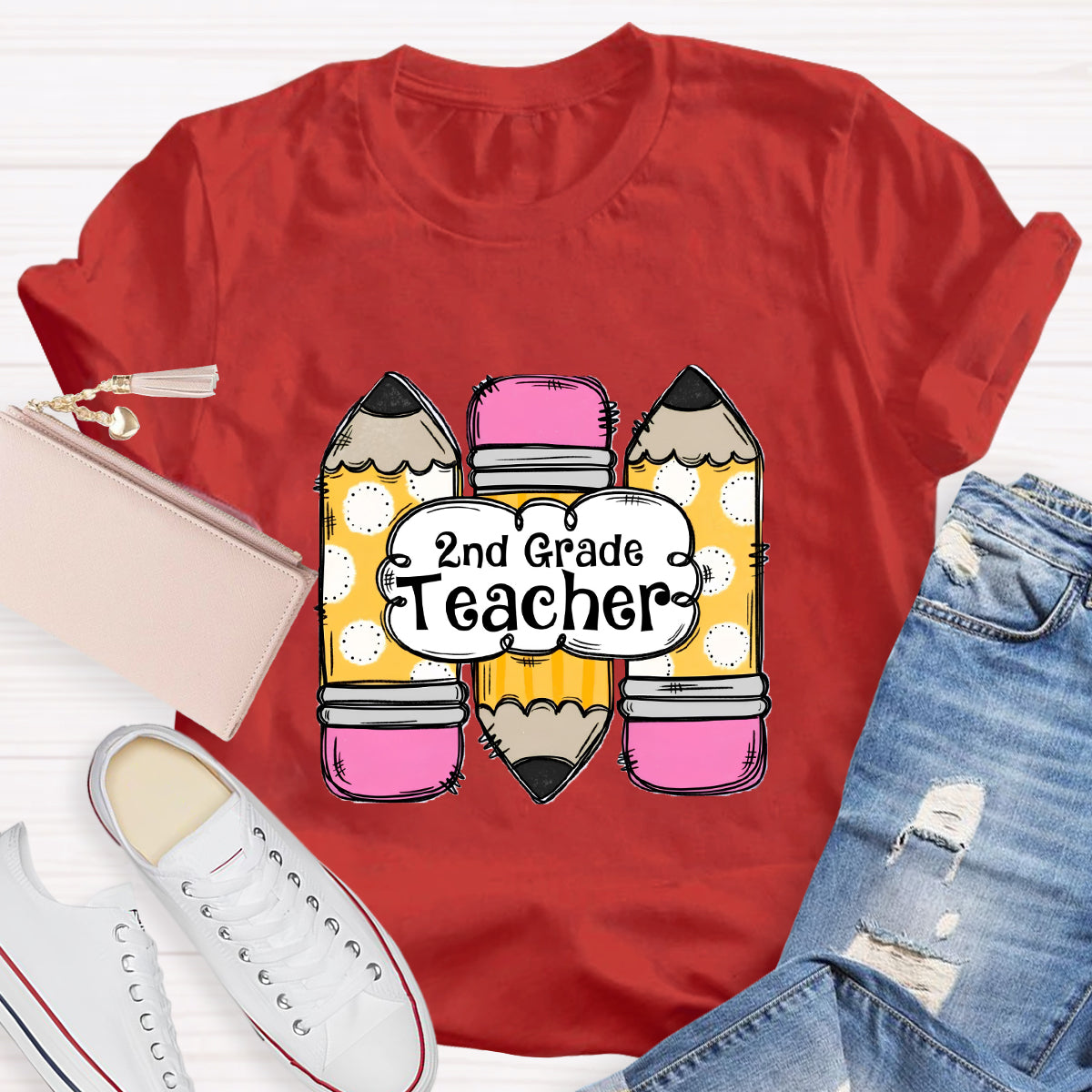 Personalized Grade Pink Pencil Printed 2nd Grade Teacher T-Shirt