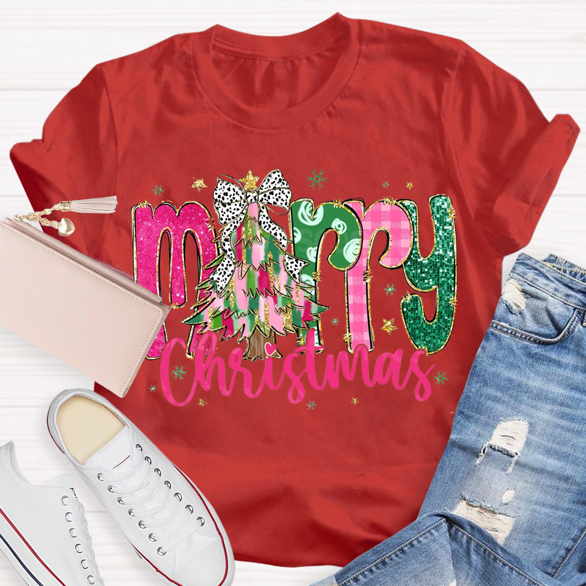 Colorful Glitter Merry Christmas Teacher T-Shirt