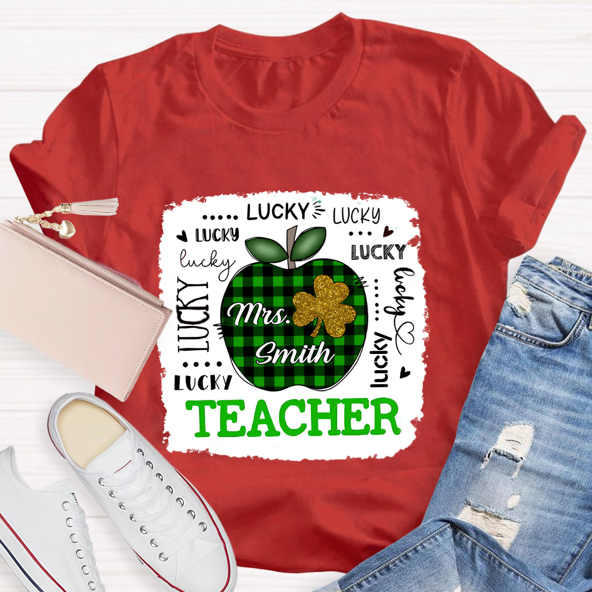 Personalized Name Lucky Teacher Green Apple T-Shirt