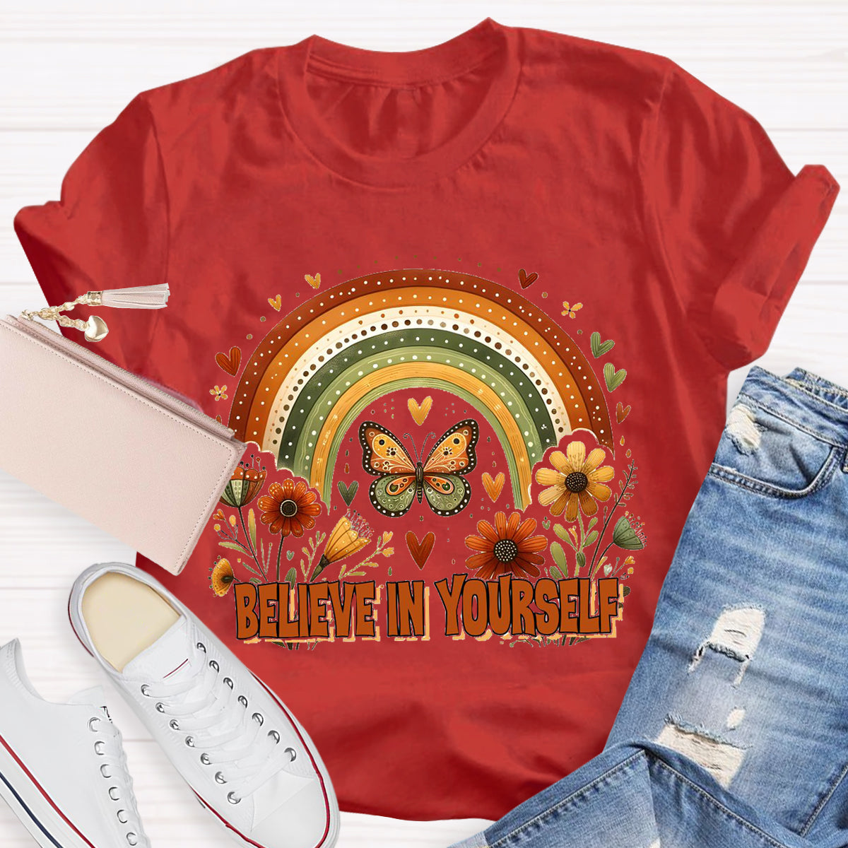 Believe In Yourself Floral Butterfly Teacher T-Shirt