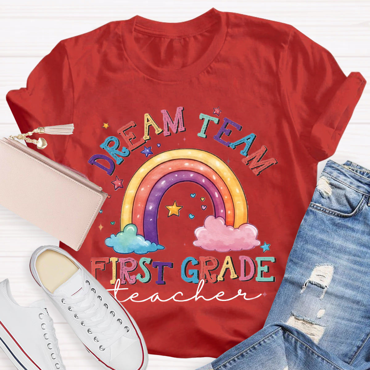 Personalized Grade Dream Team Teacher Rainbow T-Shirt