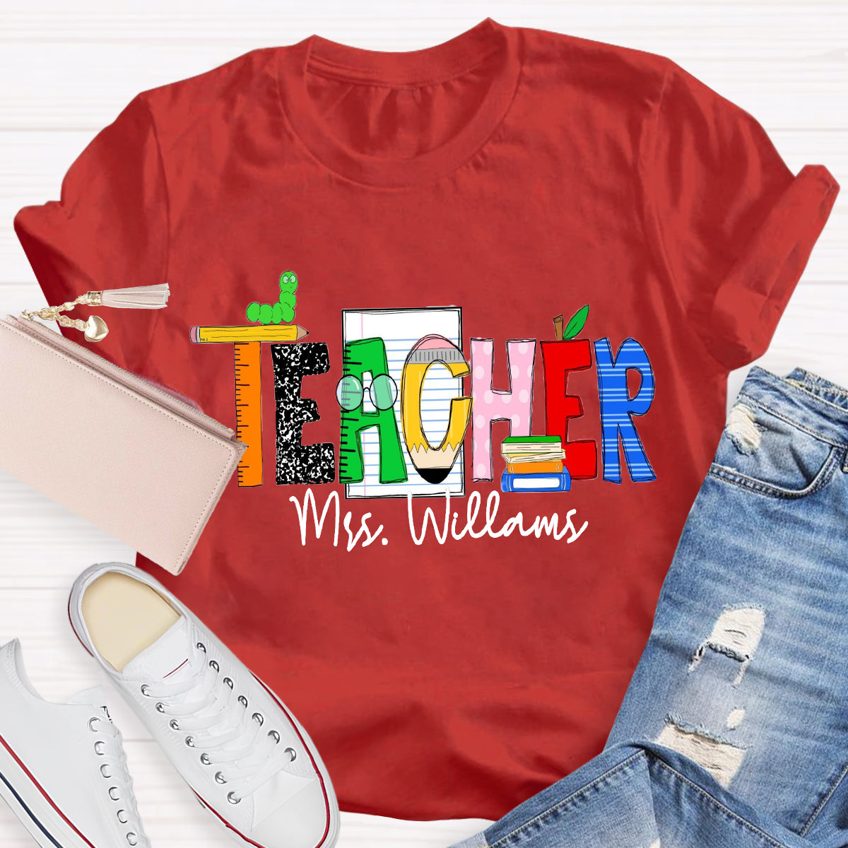 Personalized Teacher Name Caterpillar Exploring Knowledge Teacher T-Shirt