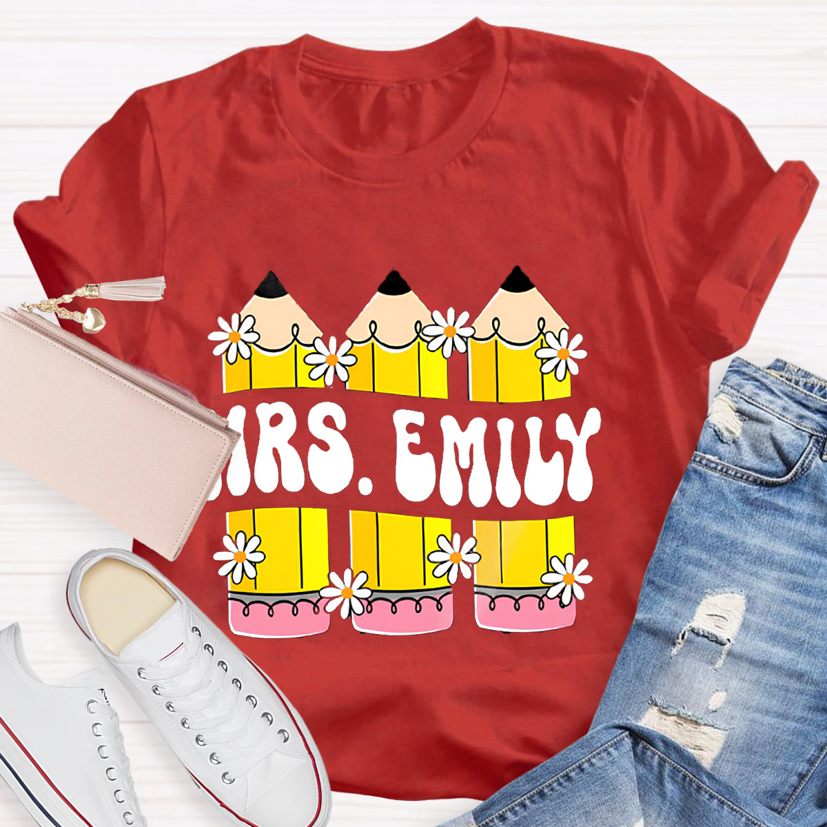 Personalized Your name Retro Teacher Pencil T-Shirt