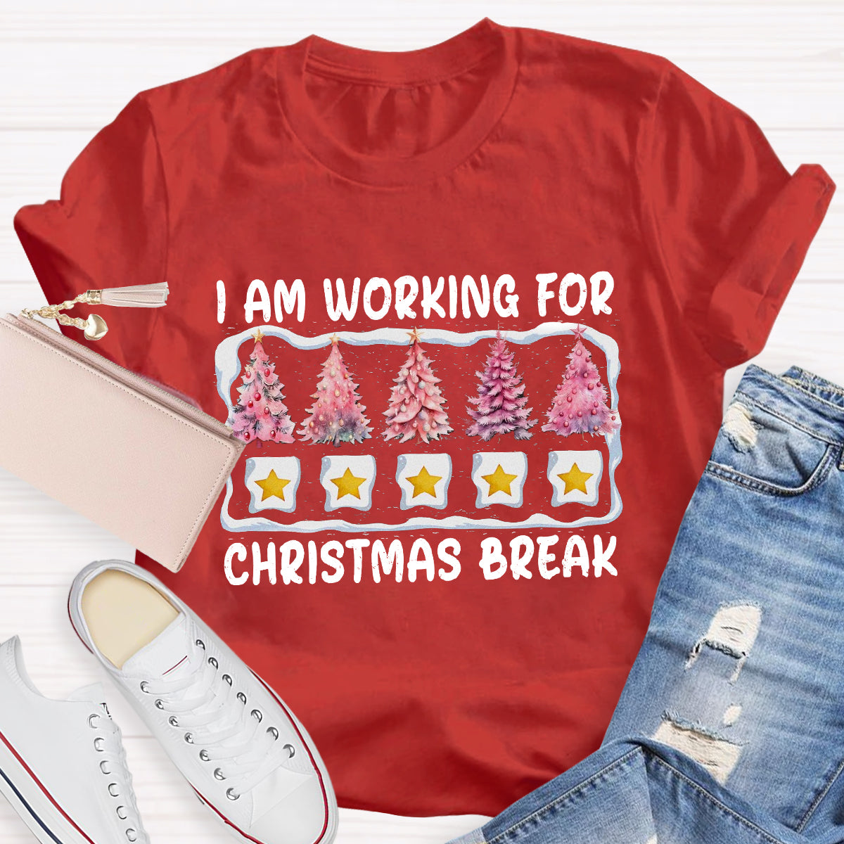 I'm Working For Christmas Break Pink Tree T-Shirt