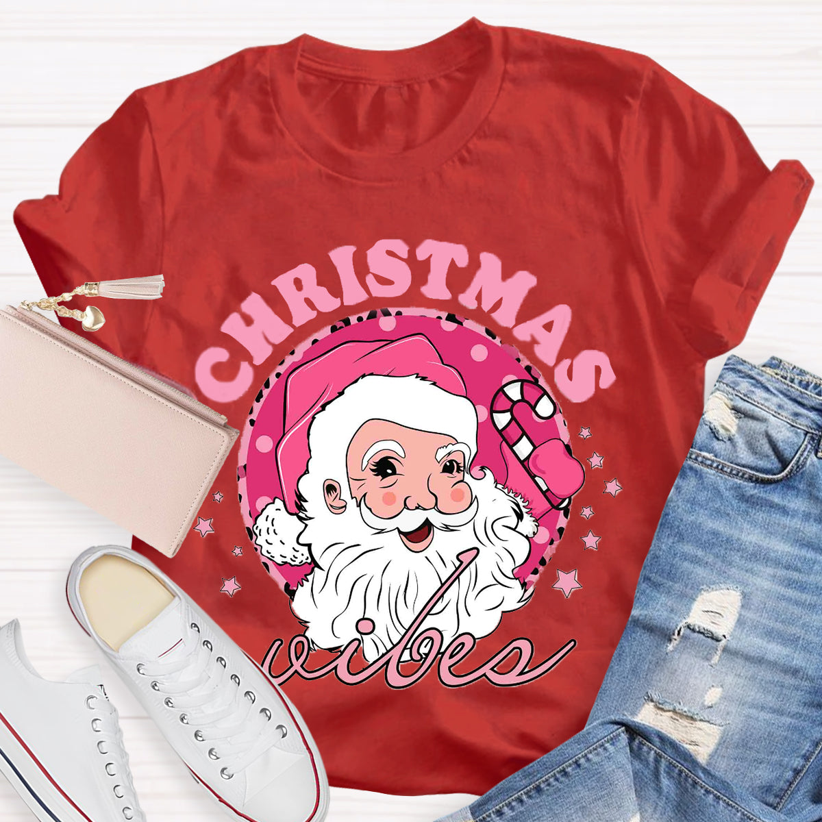 Christmas Vibes Pink Santa Claus T-Shirt