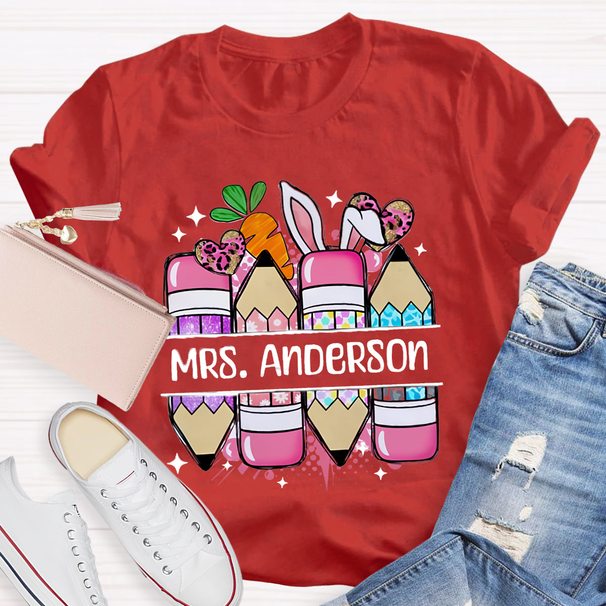 Personalized Name Cute Easter Pencils Teacher T-Shirt